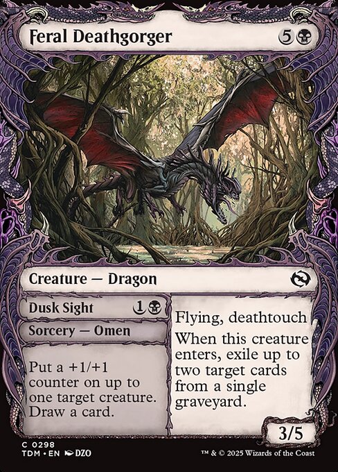 MTG Feral Deathgorger // Dusk Sight TDM 298 Showcase Draconic Frame Foil