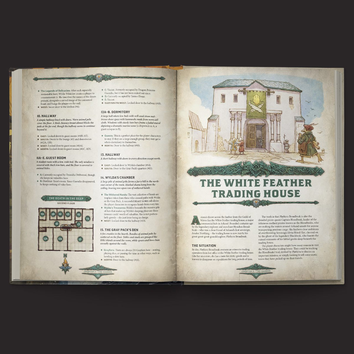 Dragonbane Arkand, City of Waves and Flames interior rules and artwork spread 1