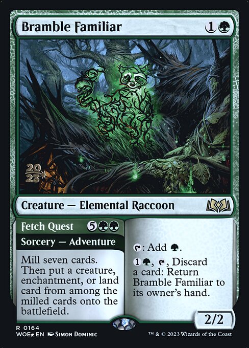 MTG Bramble Familiar // Fetch Quest PWOE 164s Prerelease Foil