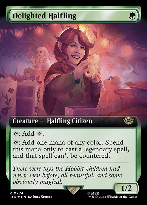 MTG Delighted Halfling LTR 774 Extended Art Surge Foil