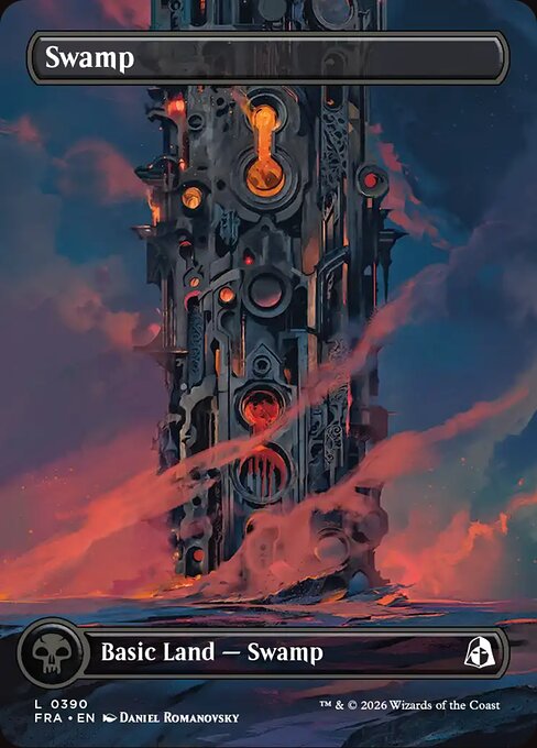 MTG Swamp FRA 390 Borderless Tower Basic Land Nonfoil front