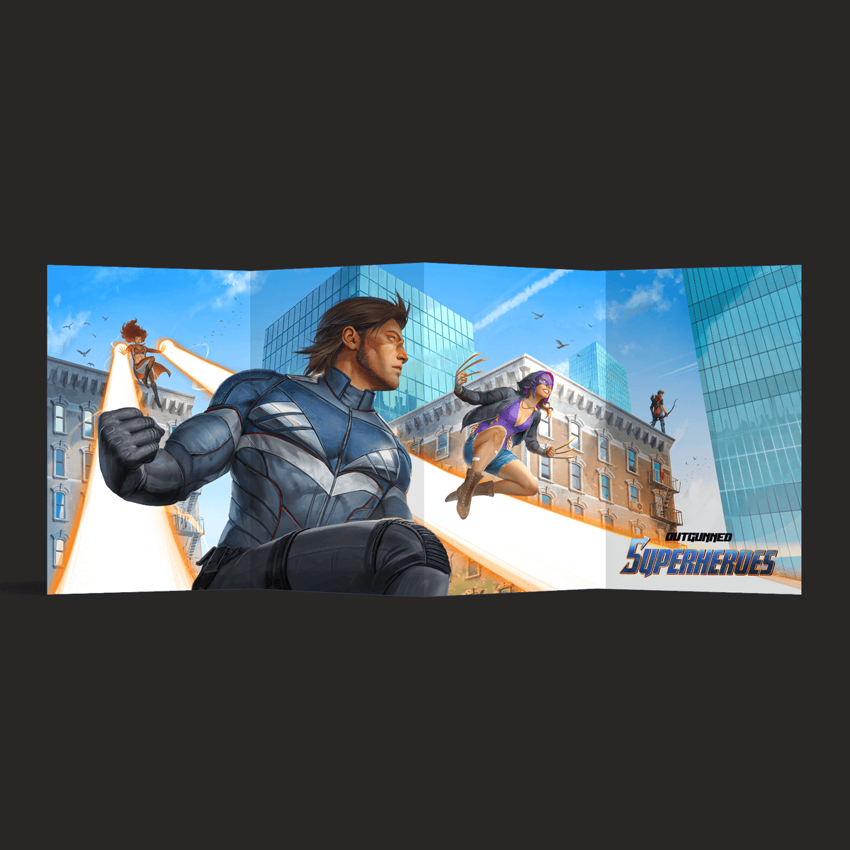 Outgunned Superheroes Super Screen panels and product presentation