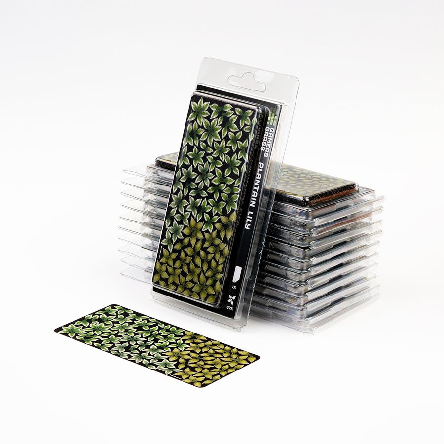 Laser Plants Plantain Lily blister pack displayed with assembled Plantain Lily plants showing the finished miniature foliage.