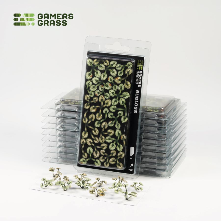 Miniature terrain featuring assembled Bugloss laser-cut plants integrated into a realistic scenic landscape.