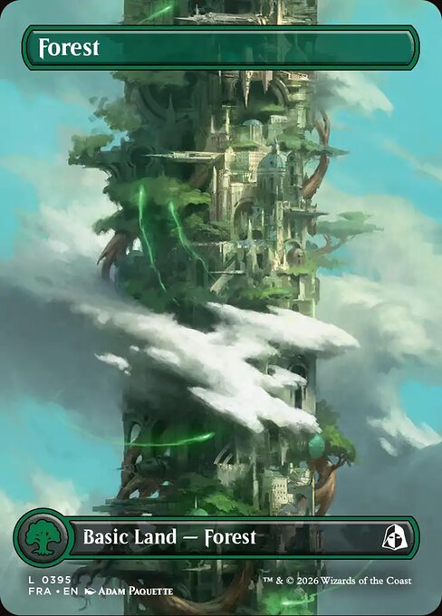 MTG Forest FRA 395 Borderless Tower Basic Land Nonfoil front