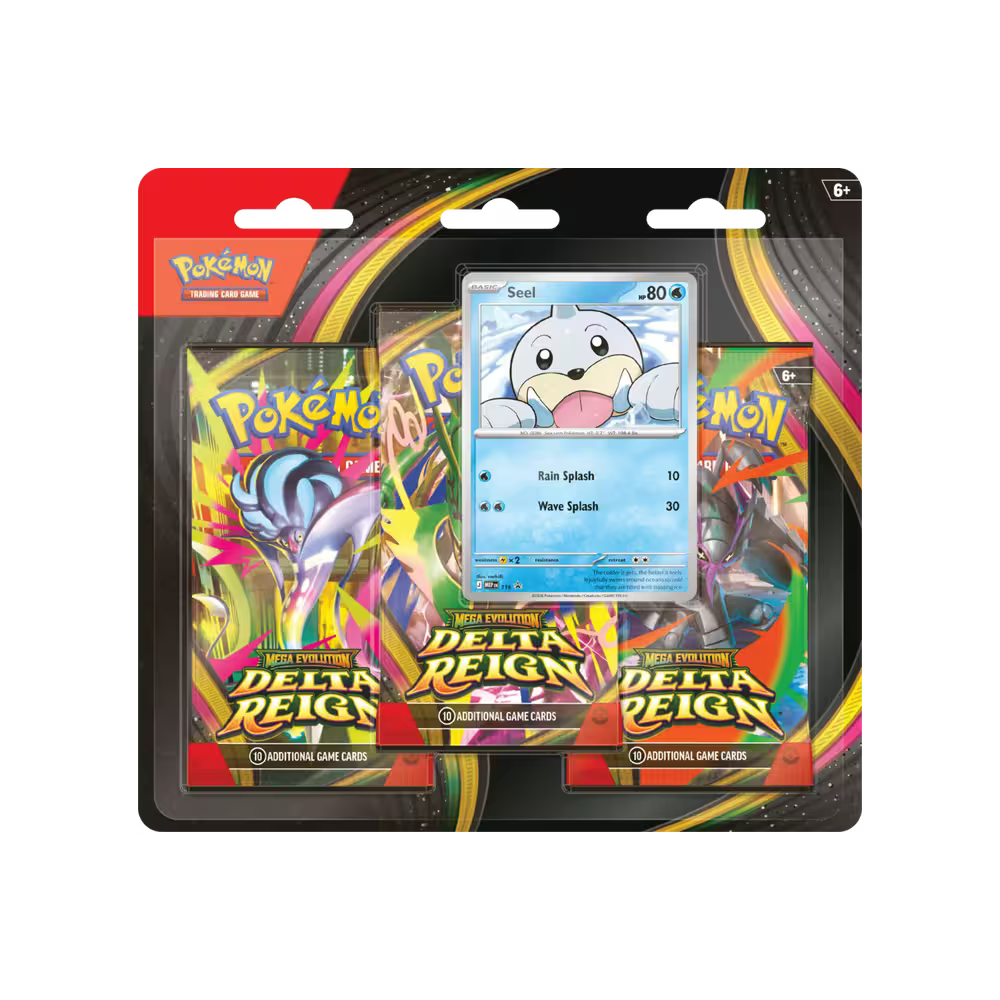 Pokémon TCG Mega Evolution Delta Reign Three Booster Blister packaging with Seel promo card