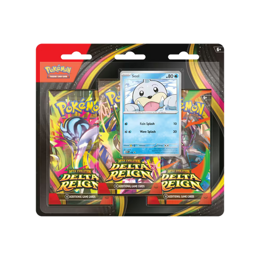 Pokémon TCG Mega Evolution Delta Reign Three Booster Blister packaging with Seel promo card