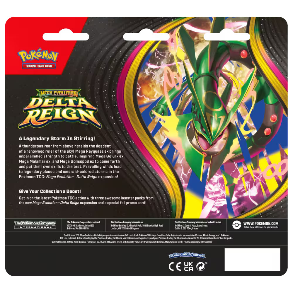 Pokémon TCG Mega Evolution Delta Reign Three Booster Blister packaging, alternate view