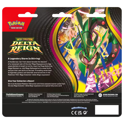 Pokémon TCG Mega Evolution Delta Reign Three Booster Blister packaging, alternate view