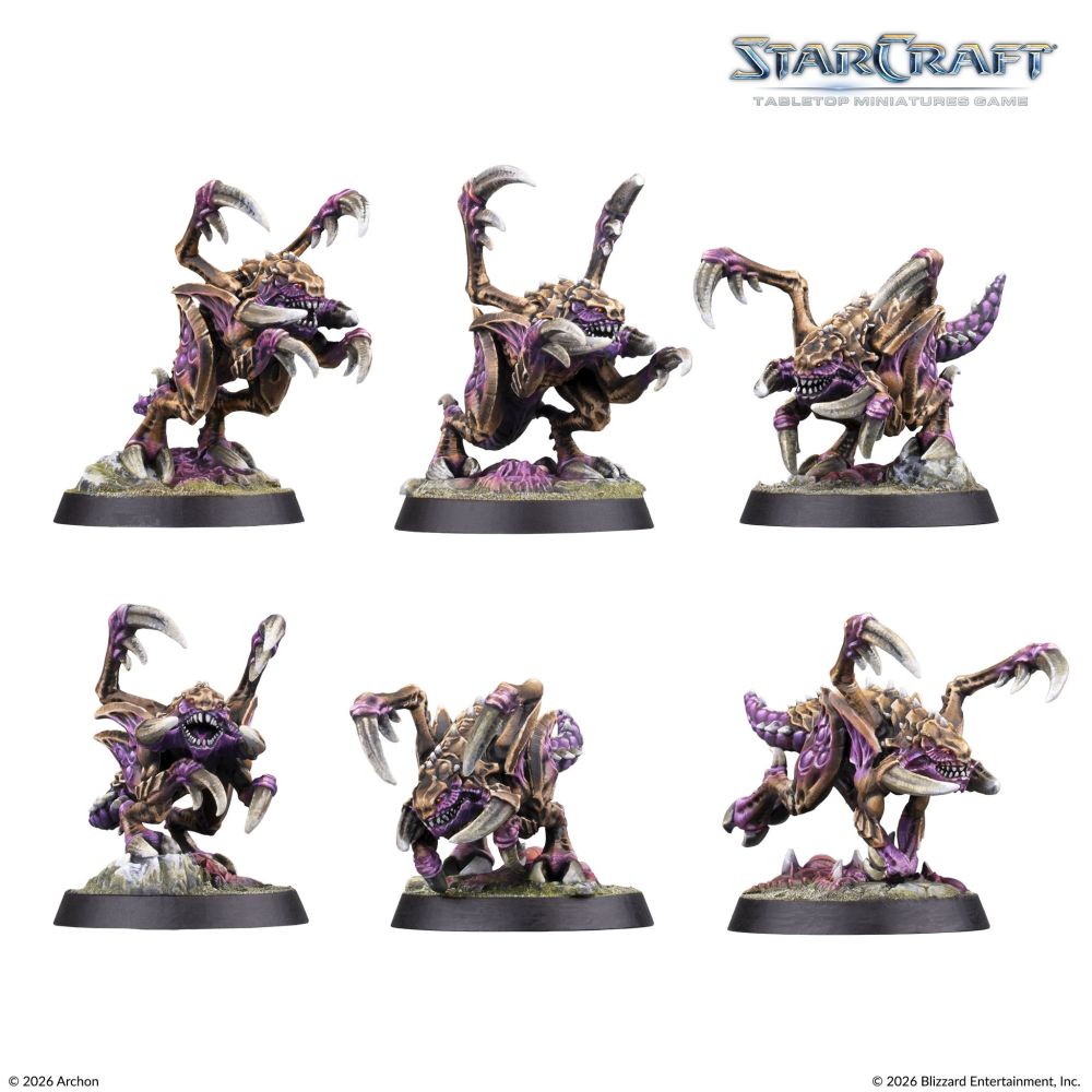 Painted StarCraft Zergling miniature examples in different poses