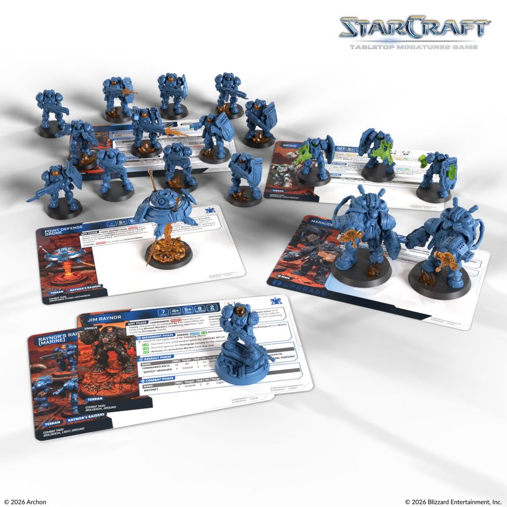 Terran starter force with blue miniatures and unit cards