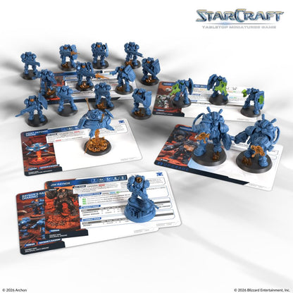 Terran starter force with blue miniatures and unit cards