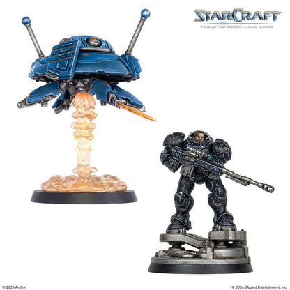Painted StarCraft Point Defense Drone and Jim Raynor miniature examples