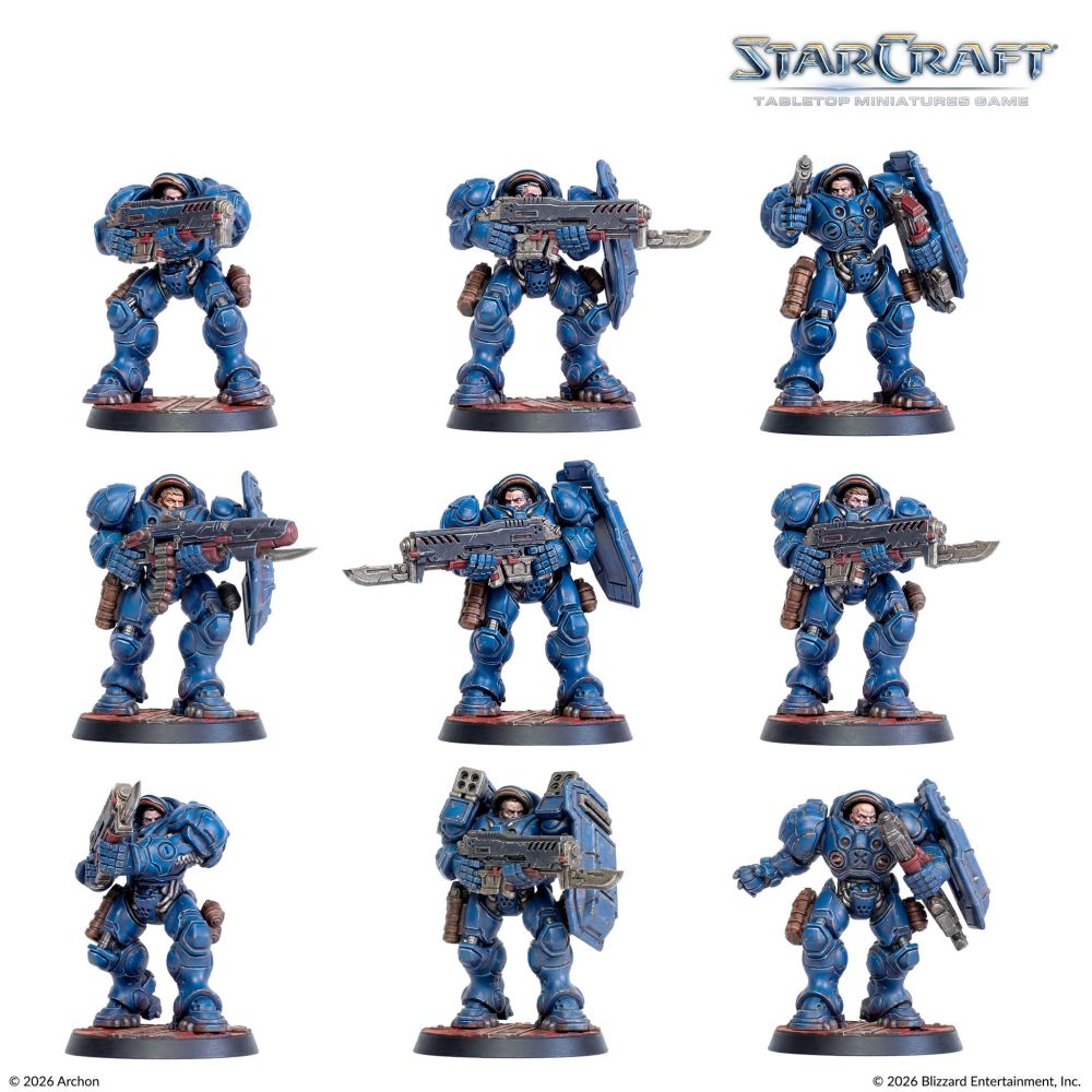 Painted StarCraft Terran Marine miniature examples in blue armour