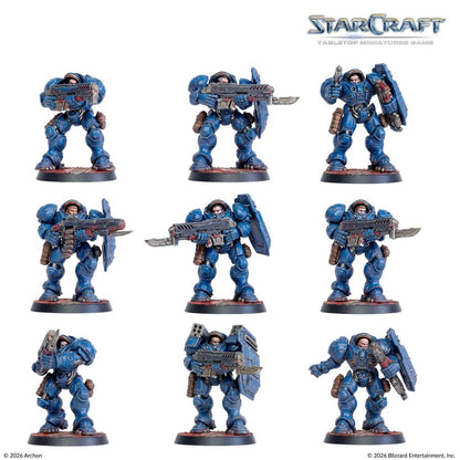 Painted StarCraft Terran Marine miniature examples in blue armour