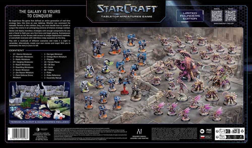 StarCraft Founders Edition box back showing painted armies and the contents list