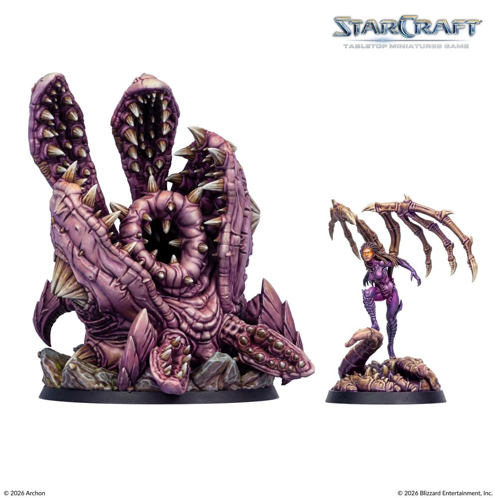 Painted StarCraft Omega Worm and Kerrigan miniature examples