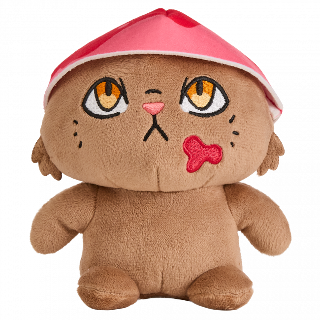 Princess Donut plush wearing a red cap with her tongue sticking out