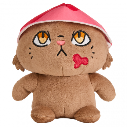 Princess Donut plush wearing a red cap with her tongue sticking out