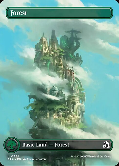 MTG Forest FRA 394 Borderless Tower Basic Land Foil front