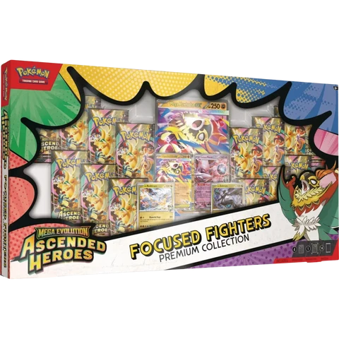 Pokémon Ascended Heroes Focused Fighters Premium Collection sealed box with 14 booster packs and foil promos