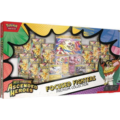 Pokémon Ascended Heroes Focused Fighters Premium Collection sealed box with 14 booster packs and foil promos
