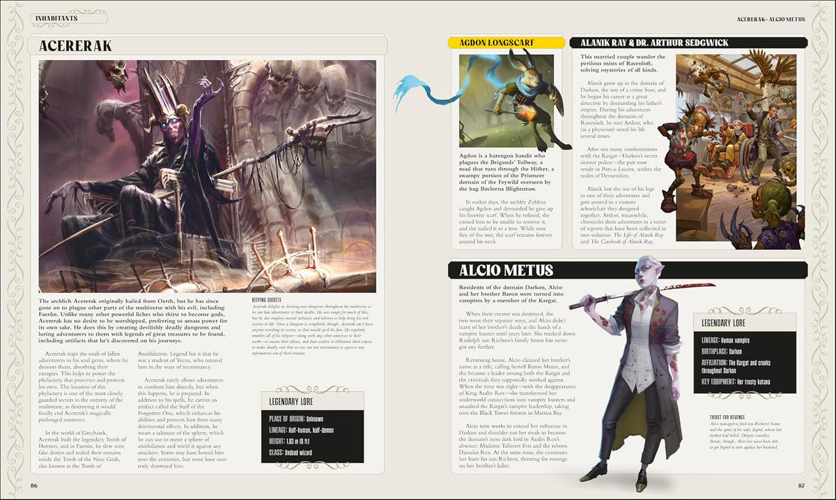 D&D Encyclopedia character spread featuring Acererak and Alcio Metus