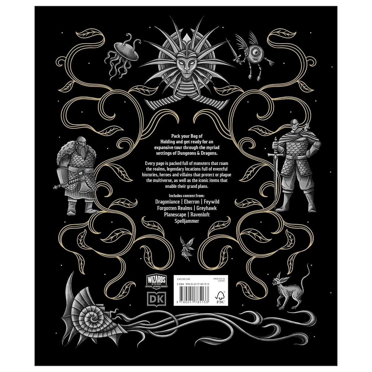 Dungeons & Dragons Encyclopedia back cover with featured settings and fantasy illustrations