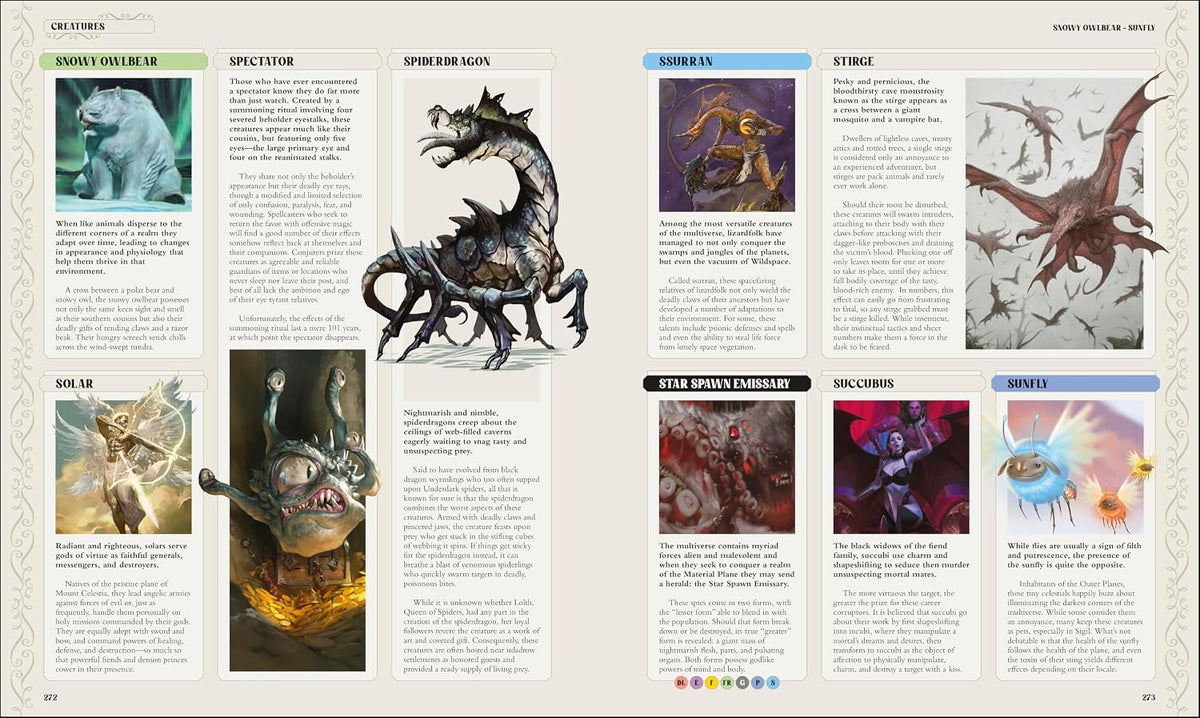 D&D Encyclopedia creature spread featuring a snowy owlbear, spectator and other creatures