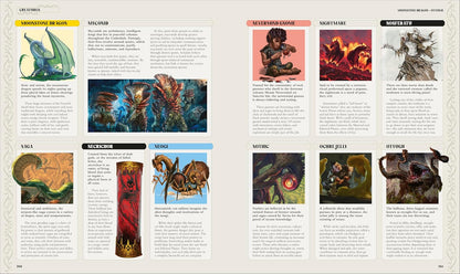 D&D Encyclopedia creature spread featuring a moonstone dragon, myconid and other creatures