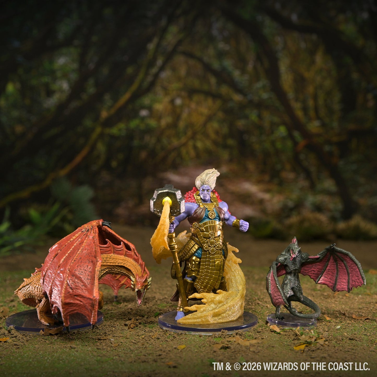 D&D Adventures in Faerûn dragon and armoured character miniatures in a forest