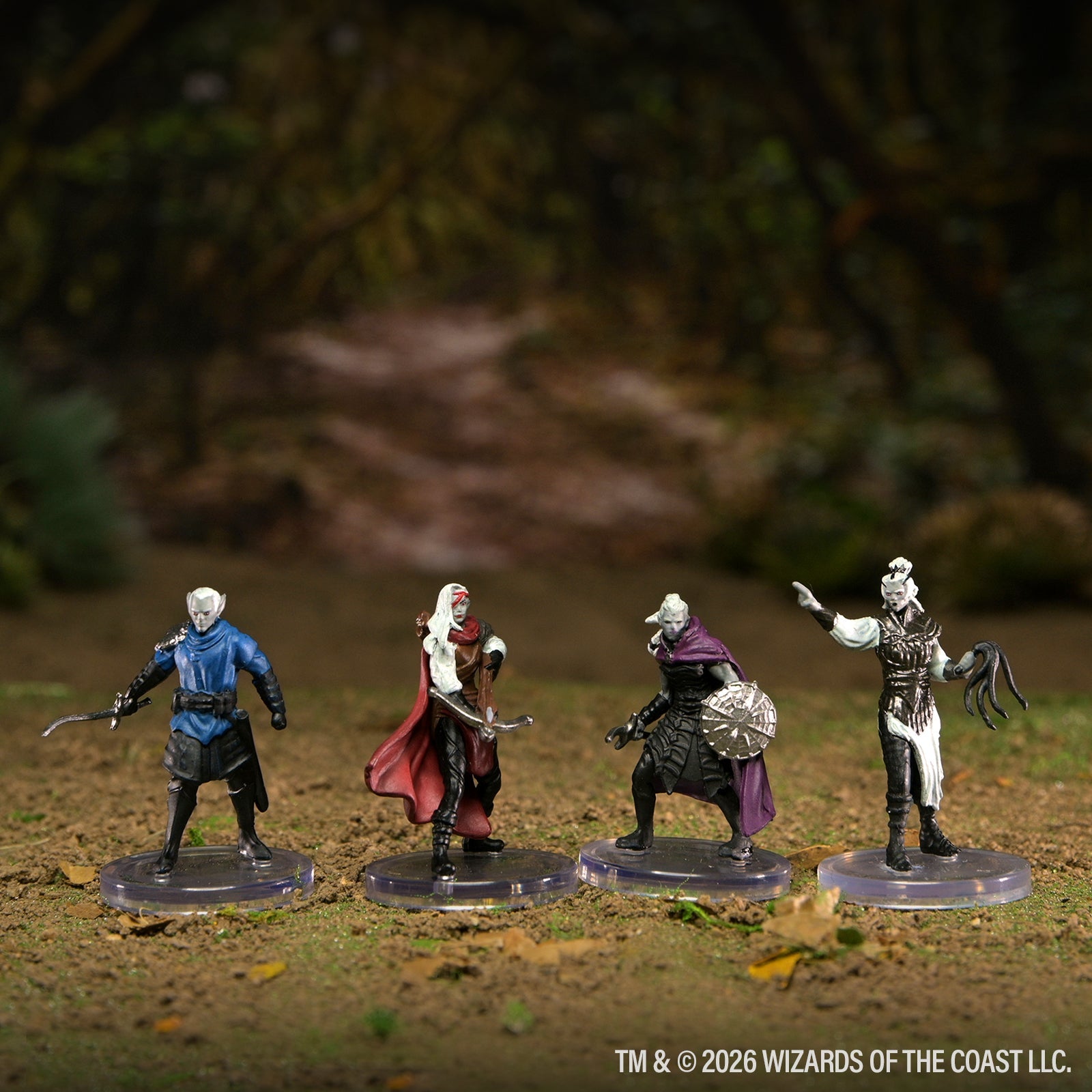 D&D Adventures in Faerûn faction character miniatures in a forest