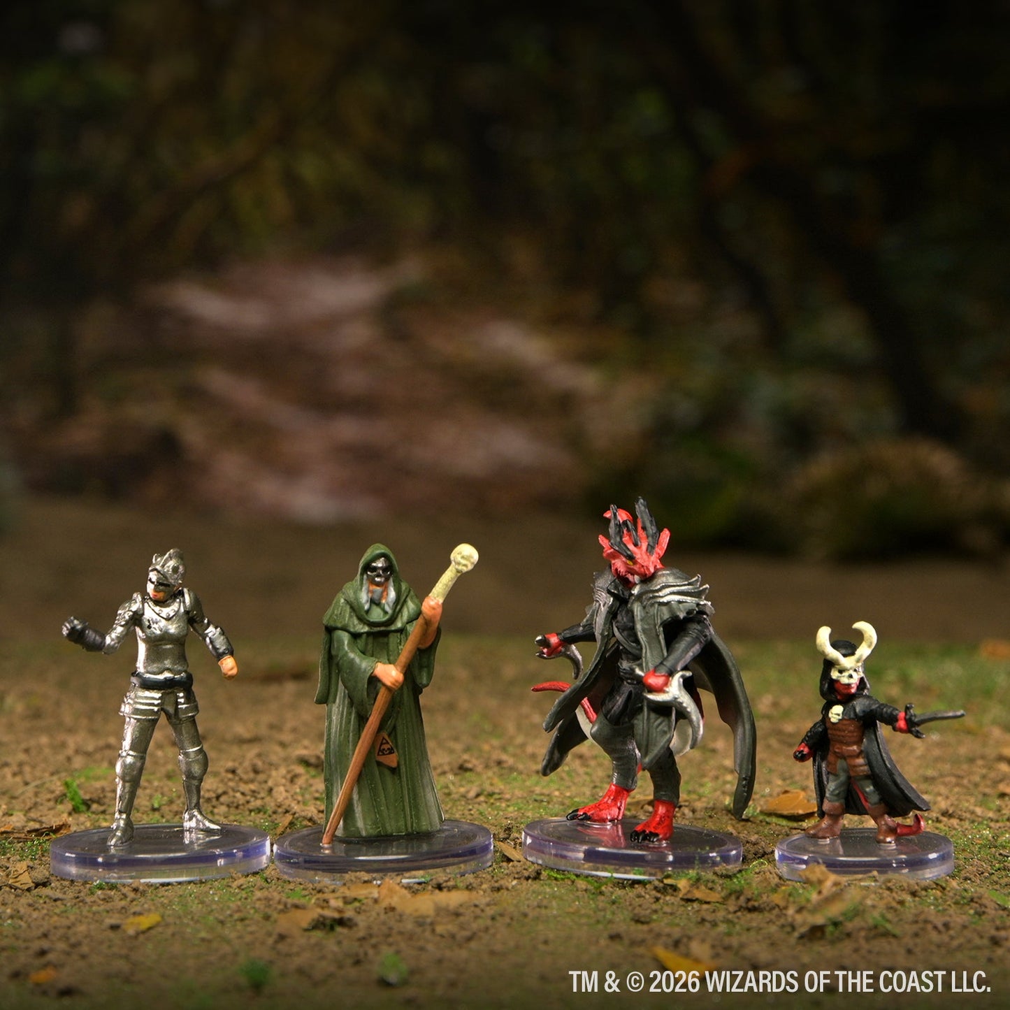 D&D Adventures in Faerûn adventurer and cultist miniatures in a forest