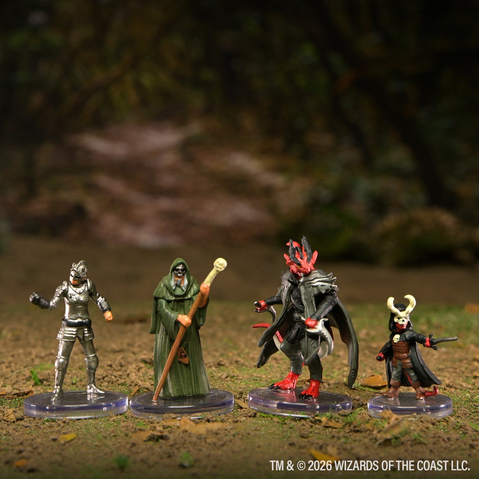 D&D Adventures in Faerûn adventurer and cultist miniatures in a forest