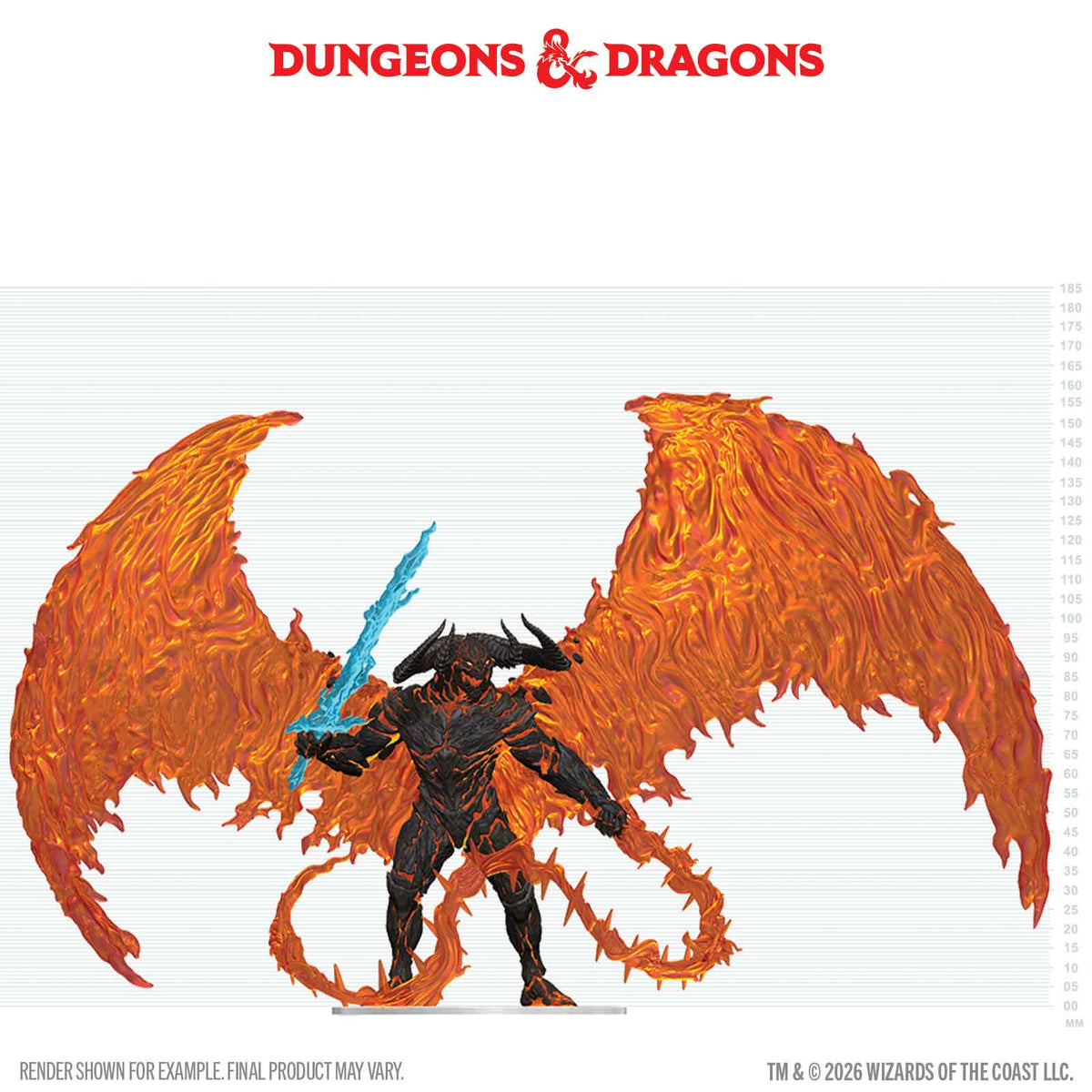 D&D Balor Boxed Miniature with fiery wings and lightning sword