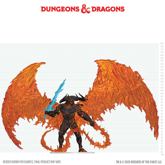 D&D Balor Boxed Miniature with fiery wings and lightning sword