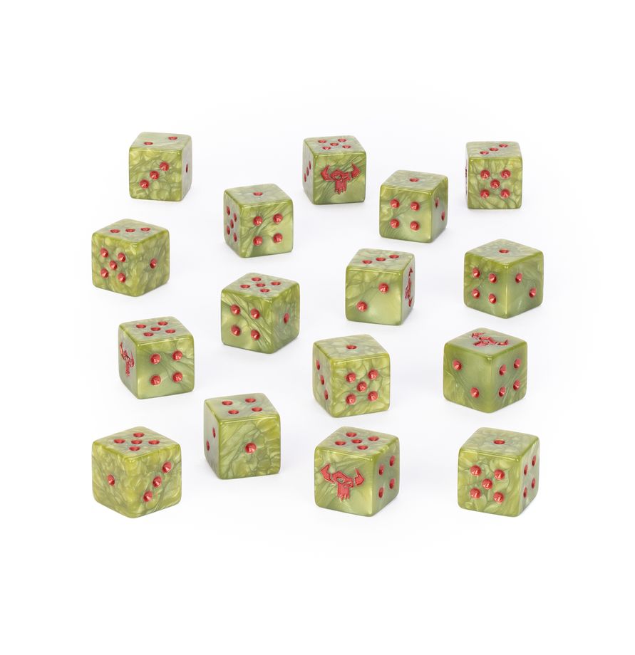 A set of Warhammer 40 Ork themed 16 green marbled dice with red pomegranate seeds embedded inside, arranged on a plain white background.