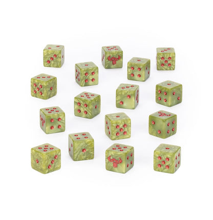 A set of Warhammer 40 Ork themed 16 green marbled dice with red pomegranate seeds embedded inside, arranged on a plain white background.
