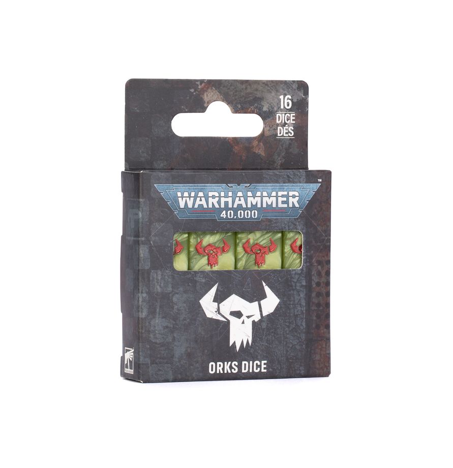 Warhammer 40,000 Orks Dice in retail packaging, showing a set of 16 green dice with red Ork faces visible through a clear window on the box.