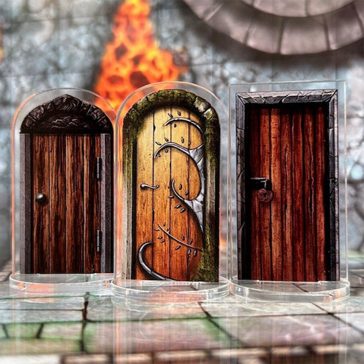 Big Box of Dungeon Doors clear standees on a battle map
