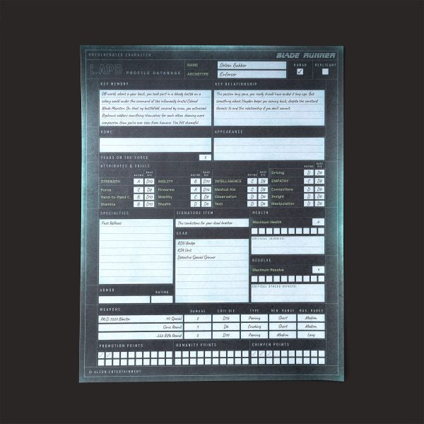Blade Runner RPG Starter Set pregen character sheet