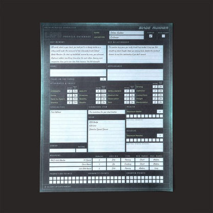 Blade Runner RPG Starter Set pregen character sheet