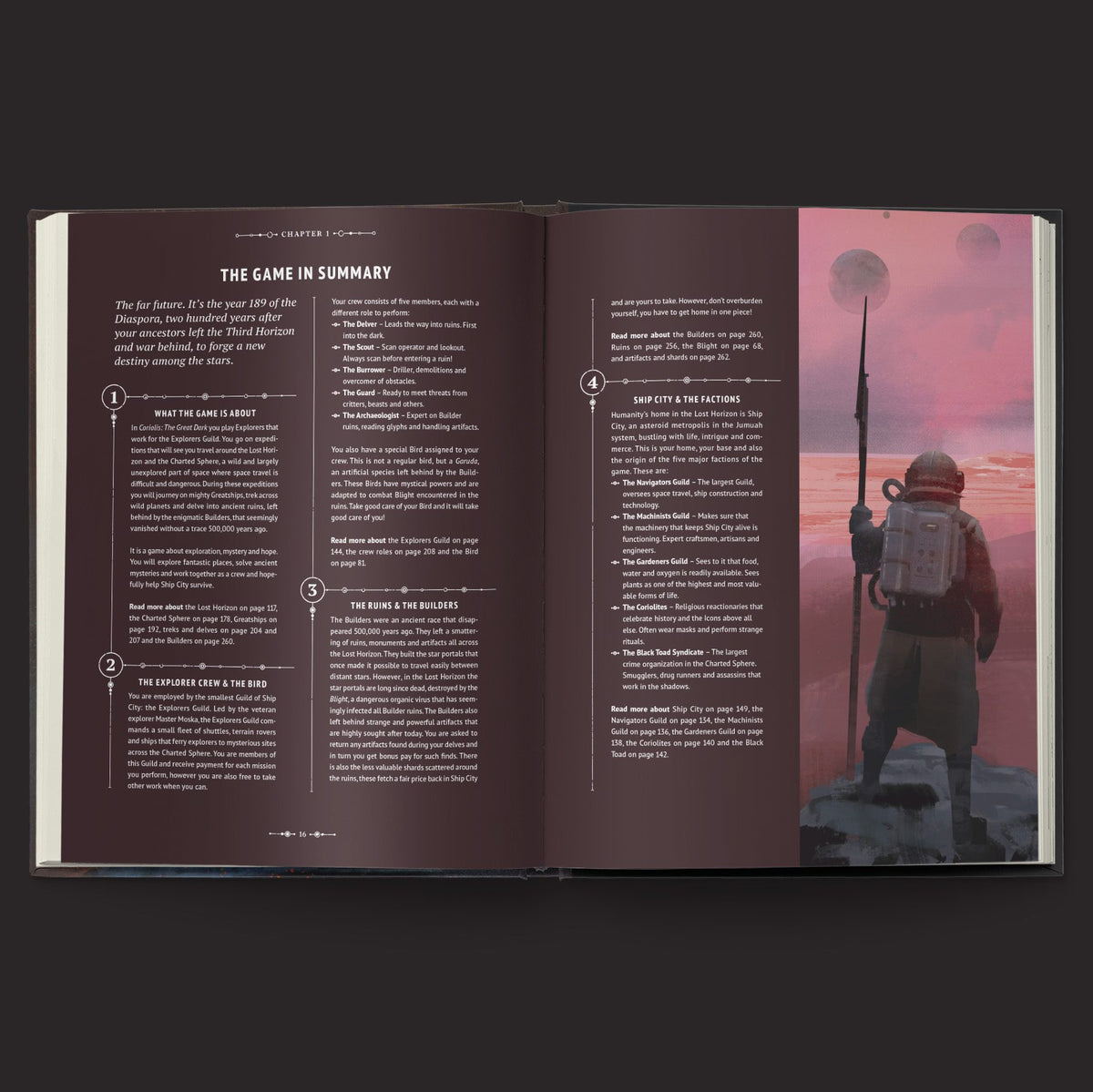 Coriolis: The Great Dark RPG Core Rules interior rules and artwork spread 1