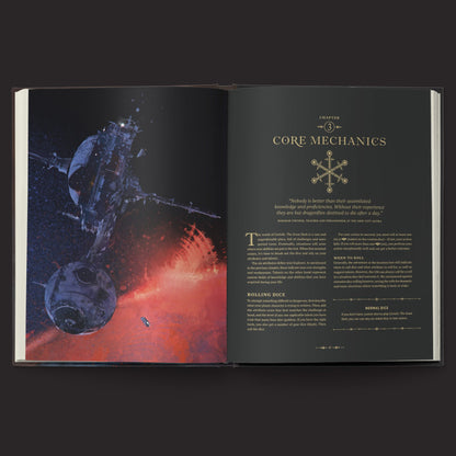 Coriolis: The Great Dark RPG Core Rules interior rules and artwork spread 2