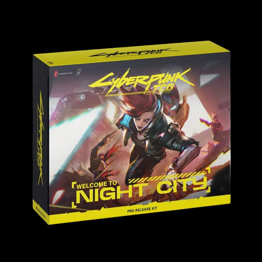 Cyberpunk TCG: Pre-Release Kit – Welcome to Night City including 6 packs, 3 legends, limited promo card and dice.