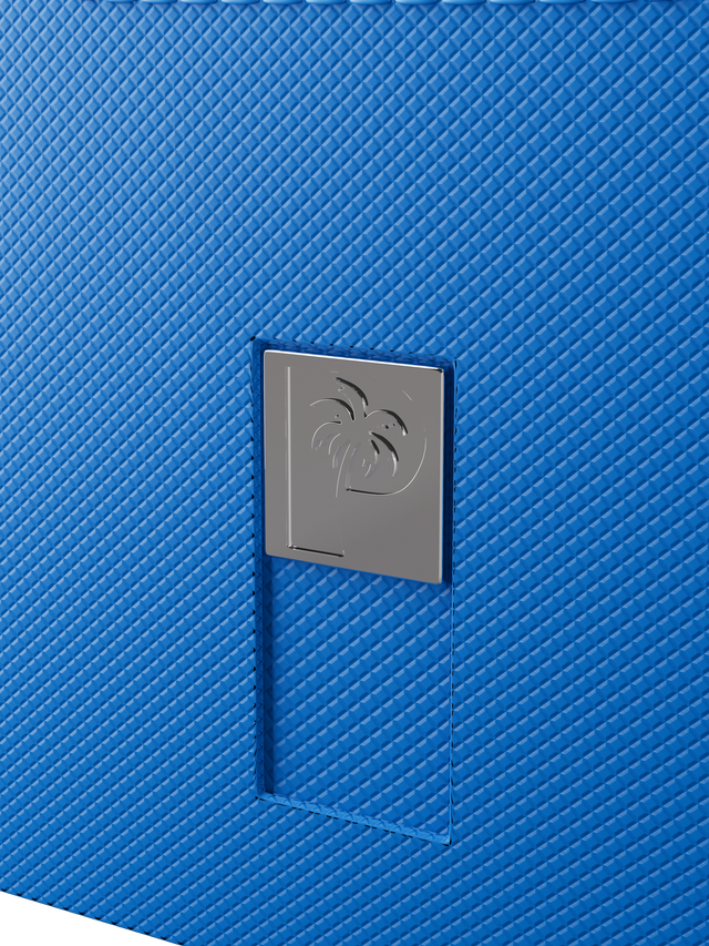 blue deck box holding 100 double-sleeved cards