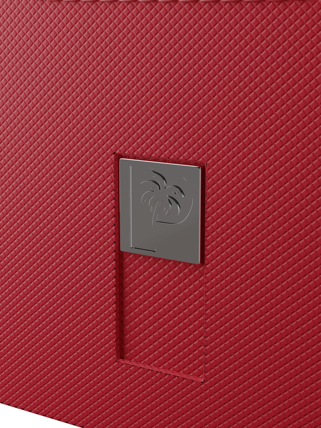 red deck box holding 100 double-sleeved cards
