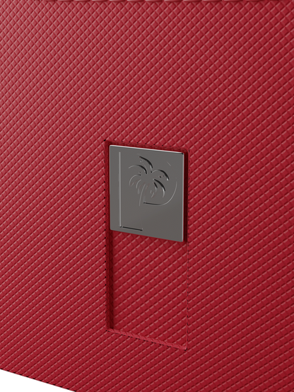 red deck box holding 100 double-sleeved cards