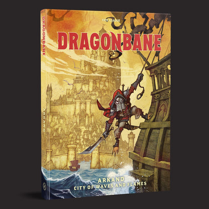 Dragonbane Arkand, City of Waves and Flames front cover and product presentation