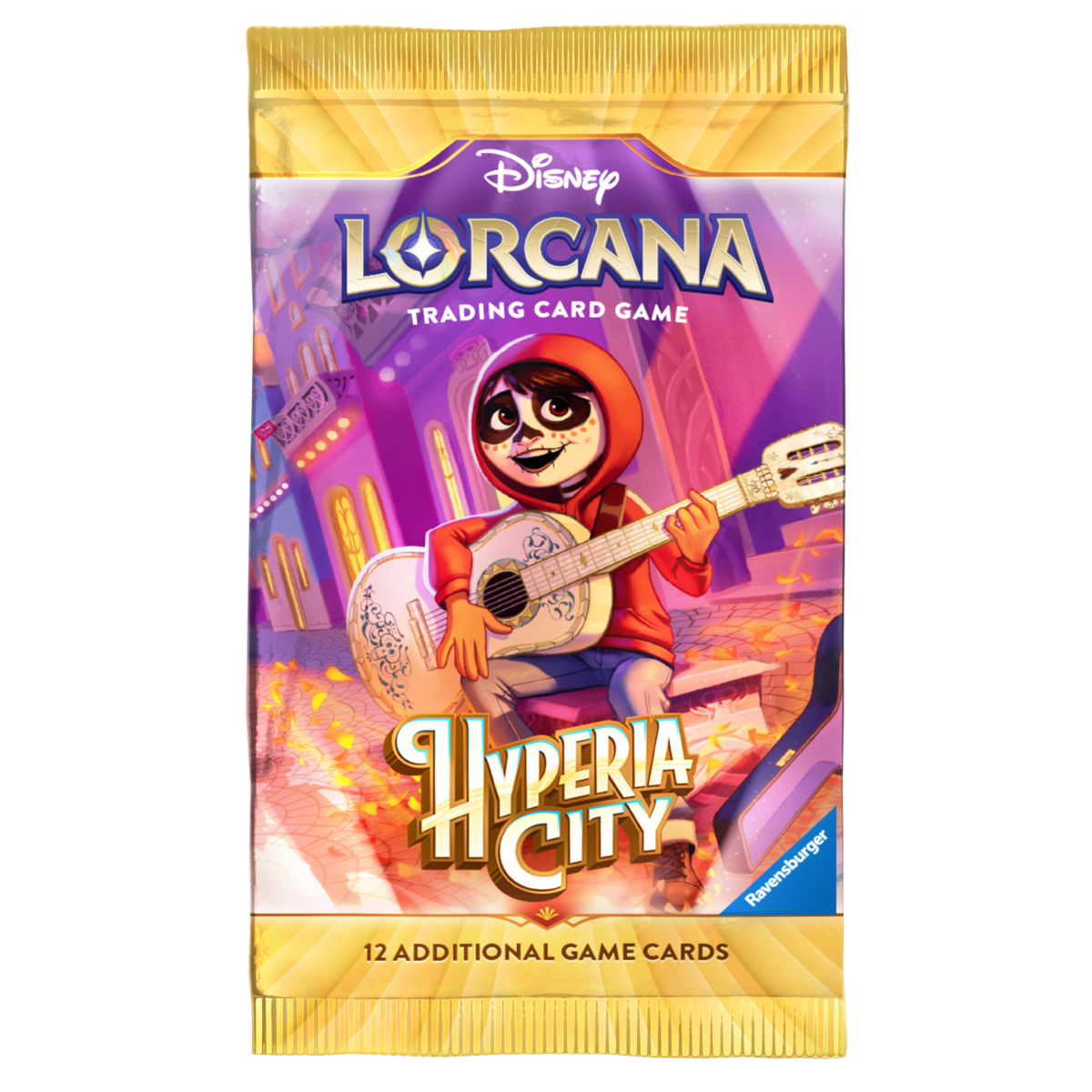 Disney Lorcana Hyperia City Miguel booster pack artwork from Pixar Coco